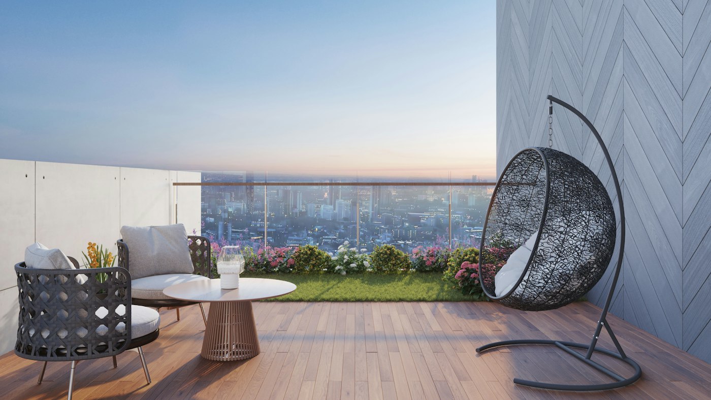 A modern balcony with a hanging egg chair and a city skyline view