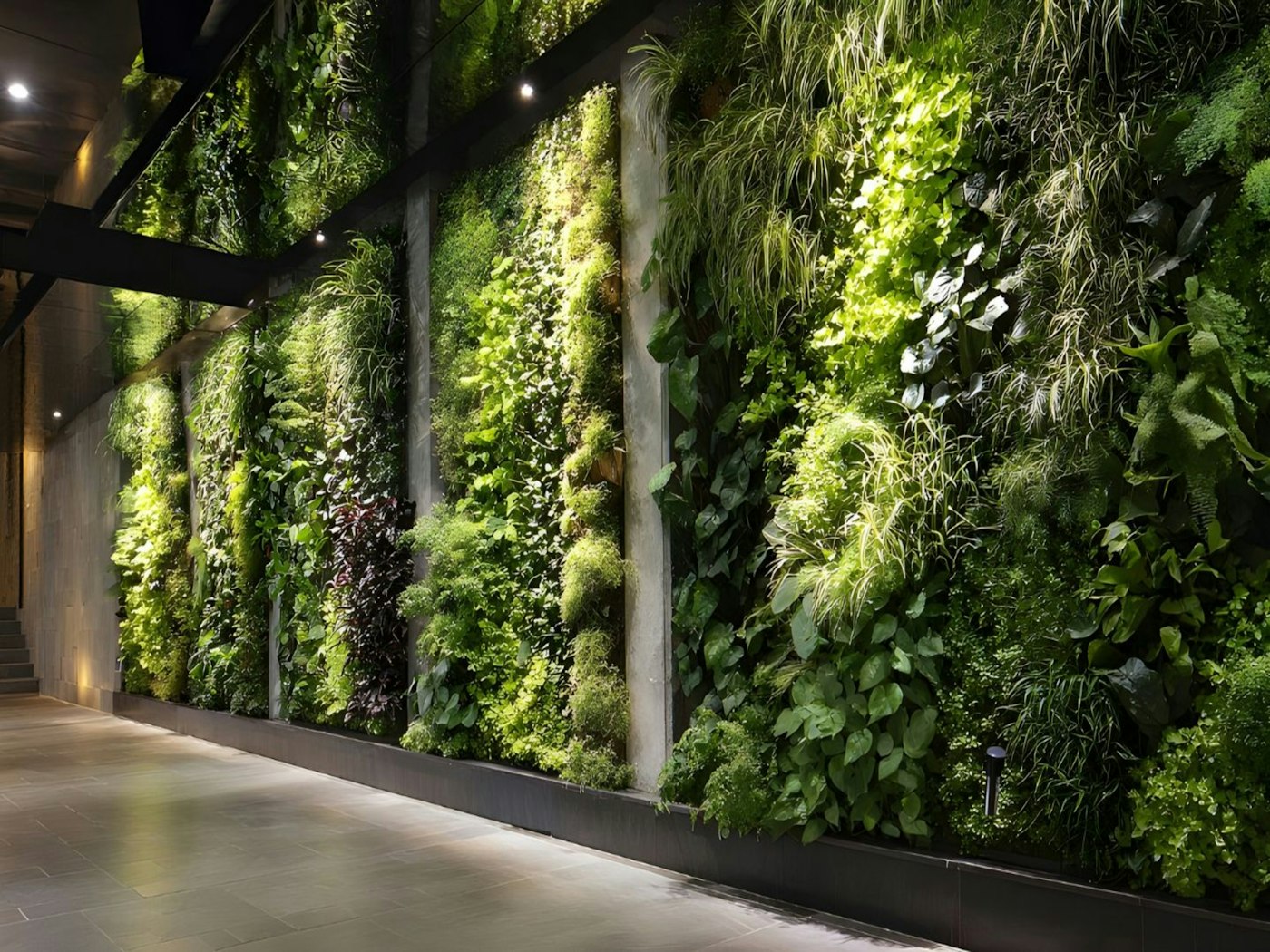 A lush vertical garden wall covered in dense green foliage